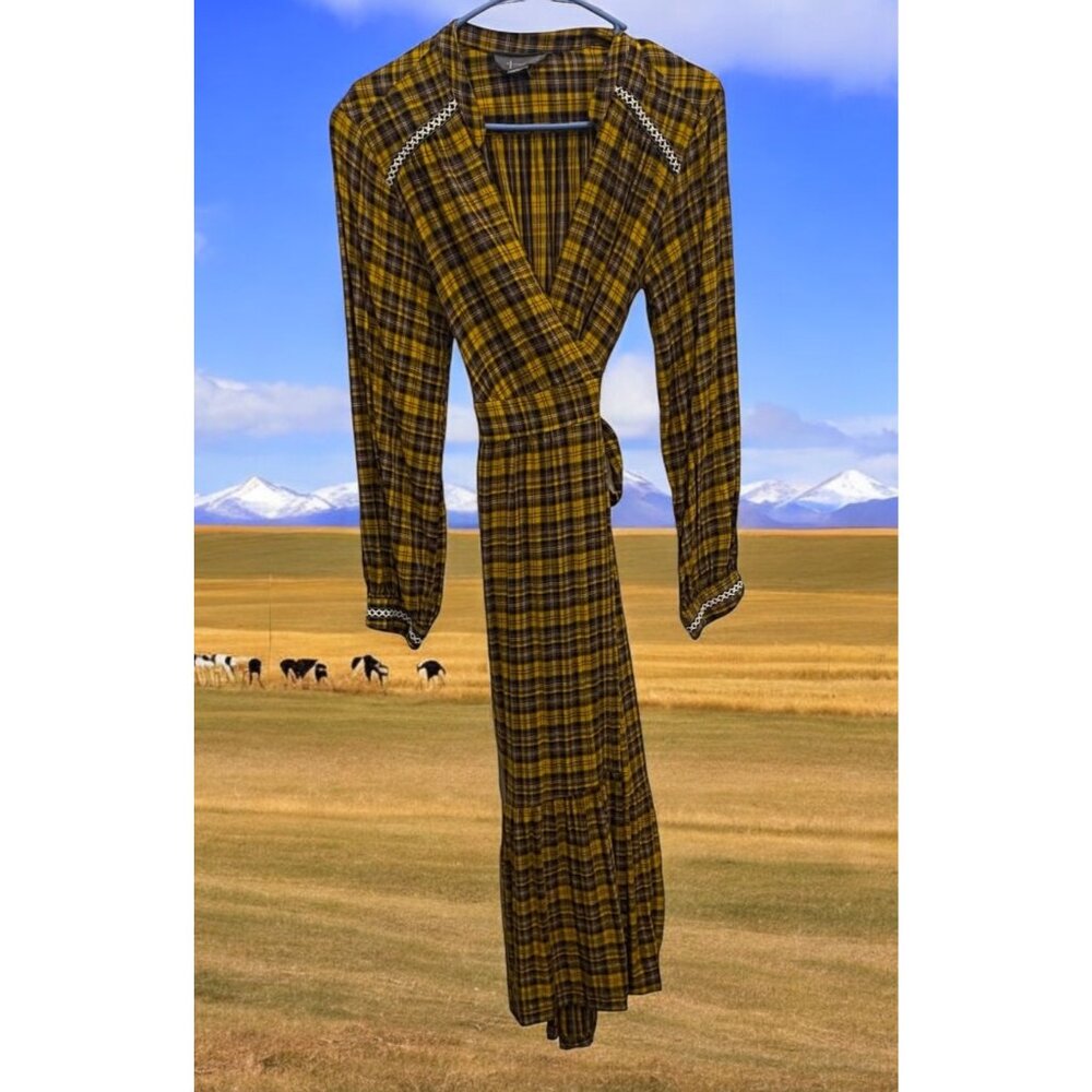 Anthropologie Dalton wrap midi dress yellow plaid tiered prairie women XXS?